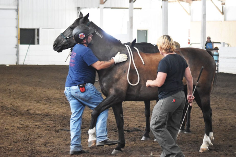 A veteran hugging a mustang in an arena at a therapeutic program.