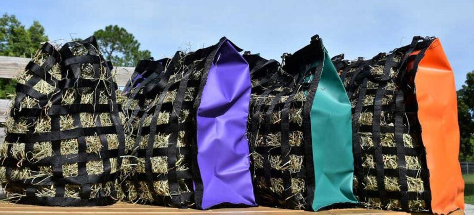 NibbleNet hay bags lined up to show different styles and colors.