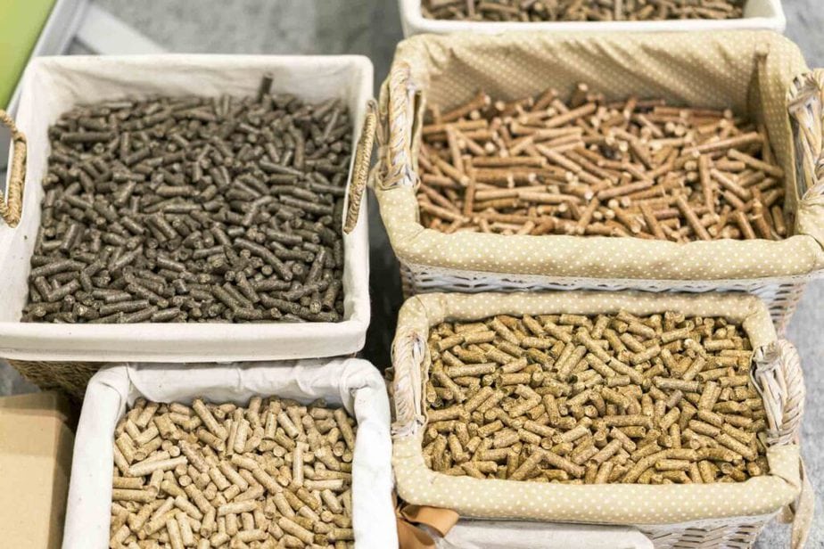 Baskets of different kinds of horse feed.